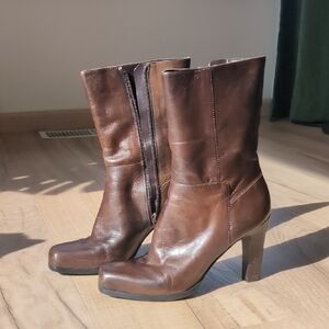 Women's Brown Leather Mid-Calf Block Heel Boots Nine West Balance